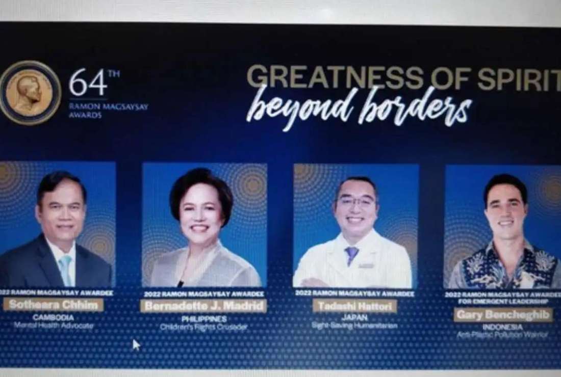 he four winners of this year's Ramon Magsaysay awards are (left to right) Cambodian psychiatrist Sotheara Chim, Filipino child rights activist Bernadette J. Madrid, Japanese ophthalmologist Tadashi Hattori, and Indonesia-based French filmmaker and environmentalist Gary Bencheghib