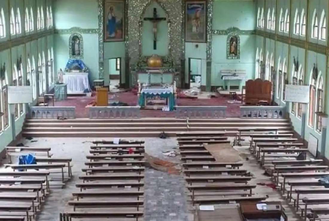Mother of God Church in Mobye town, southern Shan state was desecrated by junta troops who also laid mines nearby