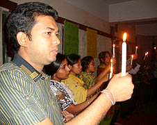 Bangladeshi students take an oath to promote justice and peace 